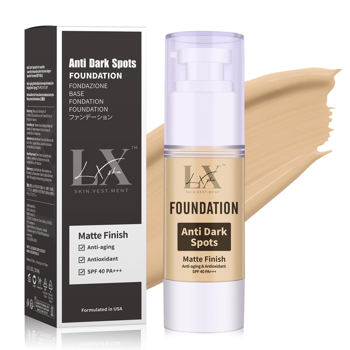 LXSKN Anti-Dark Spot Foundation bottle shows smooth coverage and hydration.