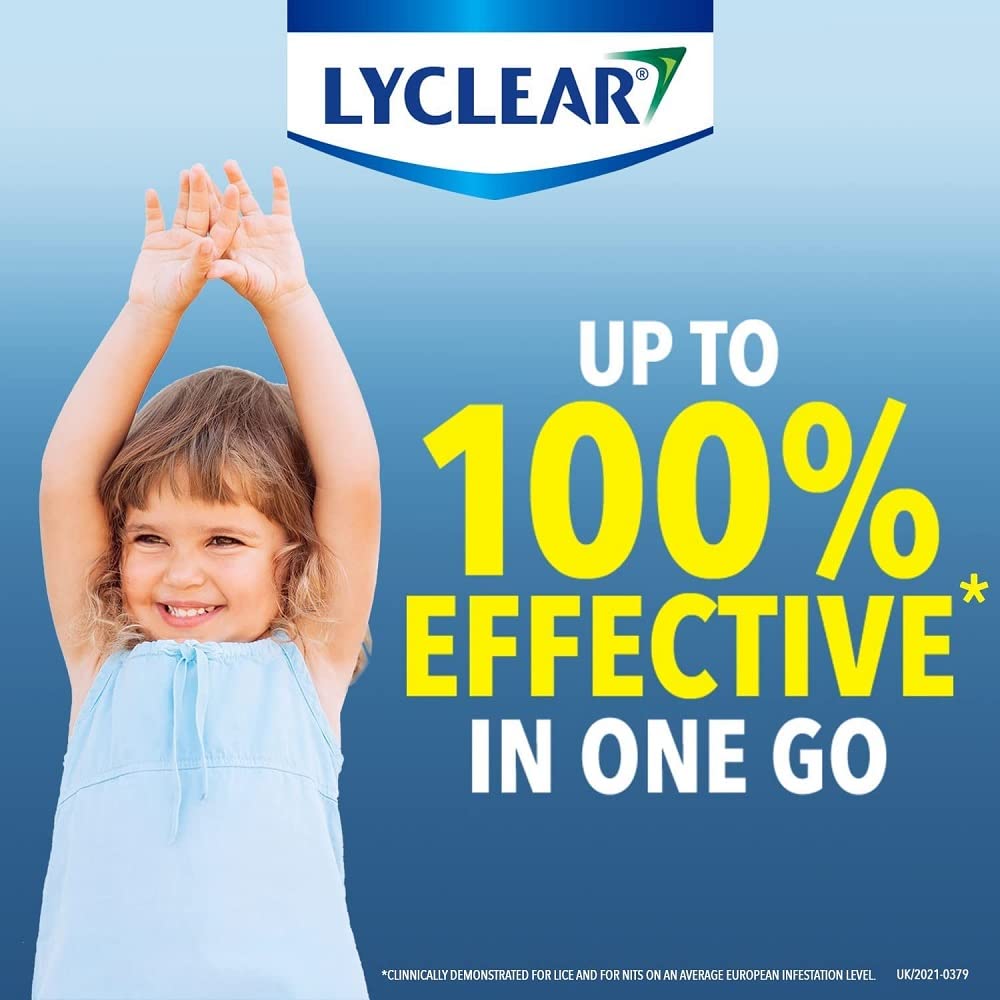 Lyclear Express Treat & Protect Shampoo being applied to hair with anti-lice comb nearby.