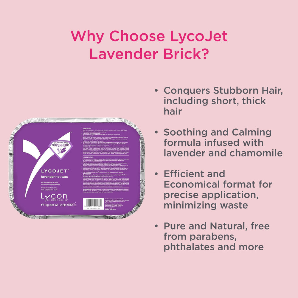 Lycon LycoJet Lavender hard wax bricks melting process for smooth application and minimal waste.