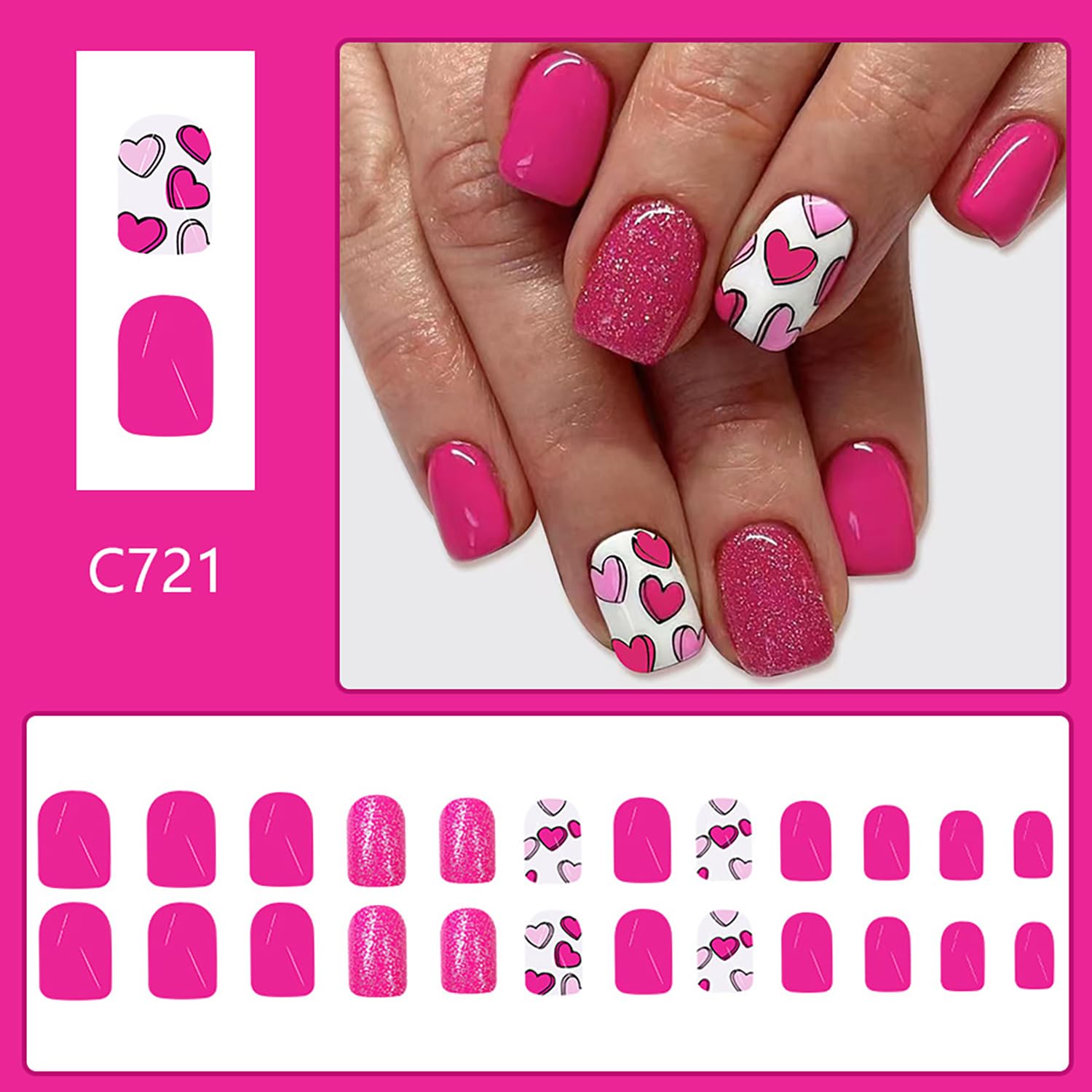LYLYNB Valentins glitter heart nails close-up showing glossy finish and sparkle.