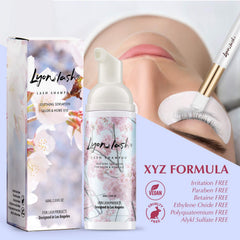 Lyon Lash foam cleanser applied to the eye area for oil and makeup removal.