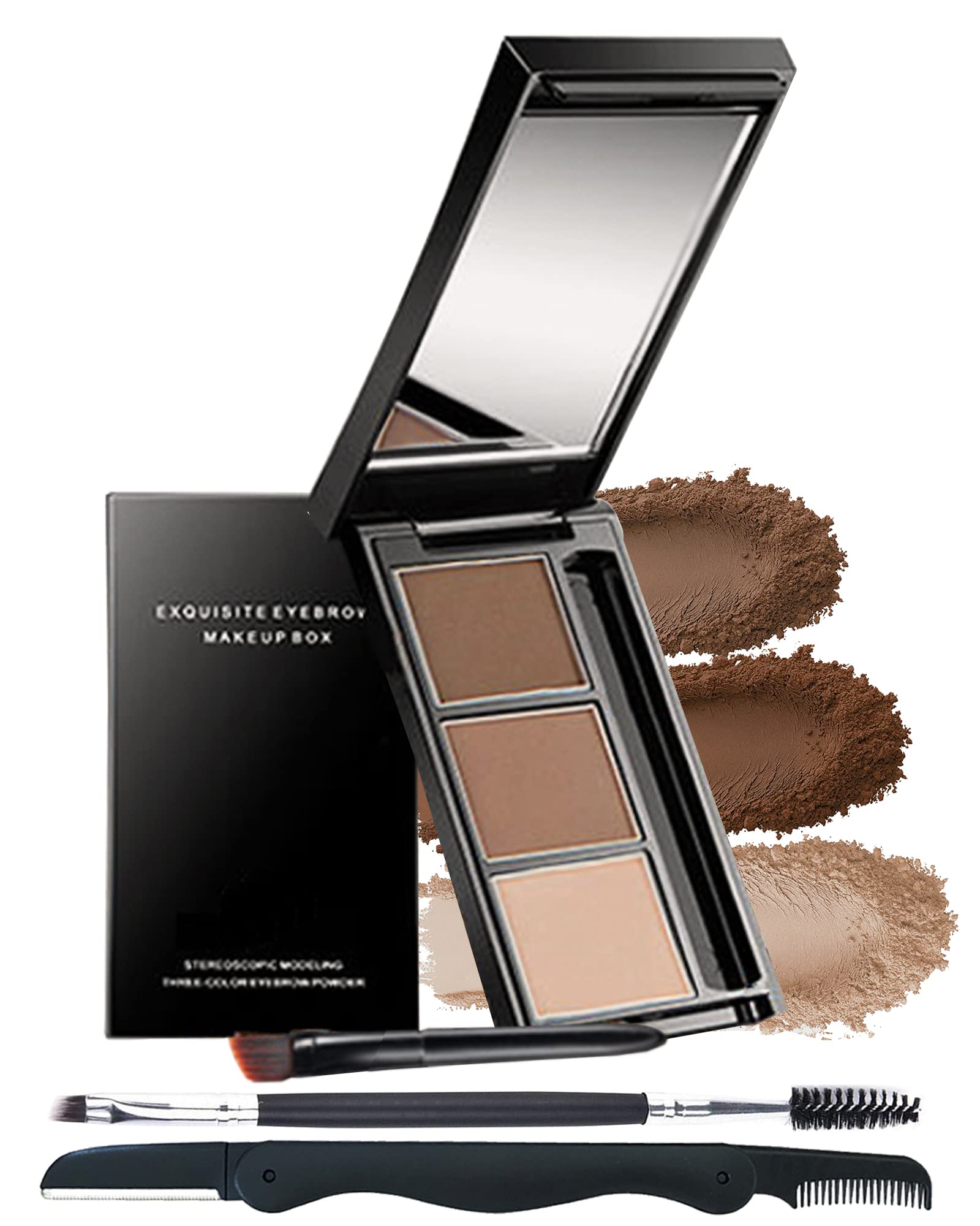 LYSdefeu eyebrow powder palette with three colors and a mirror for natural brow shaping.