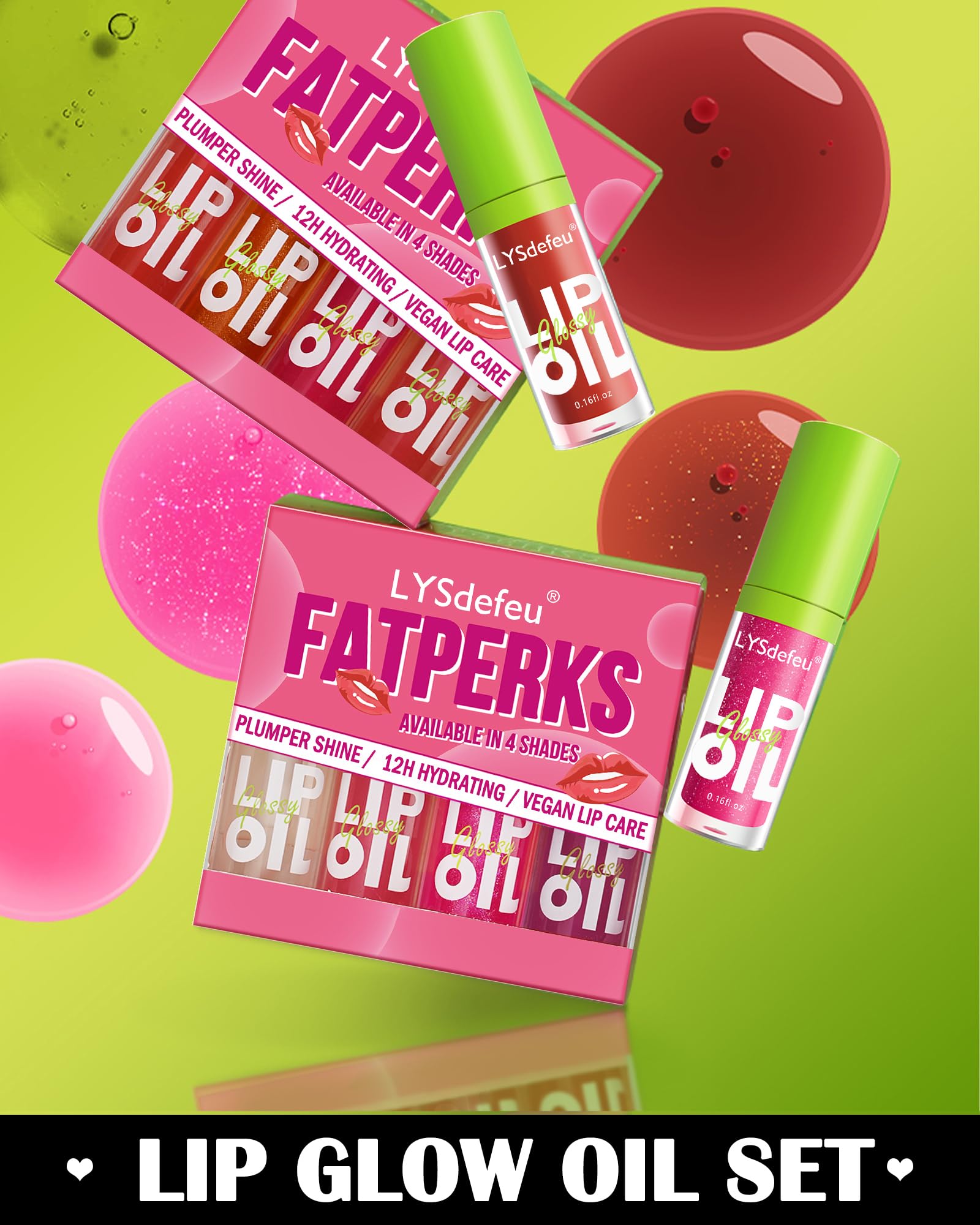 Packaging insert of LYSdefeu lip glow oil kit showing color options and tips