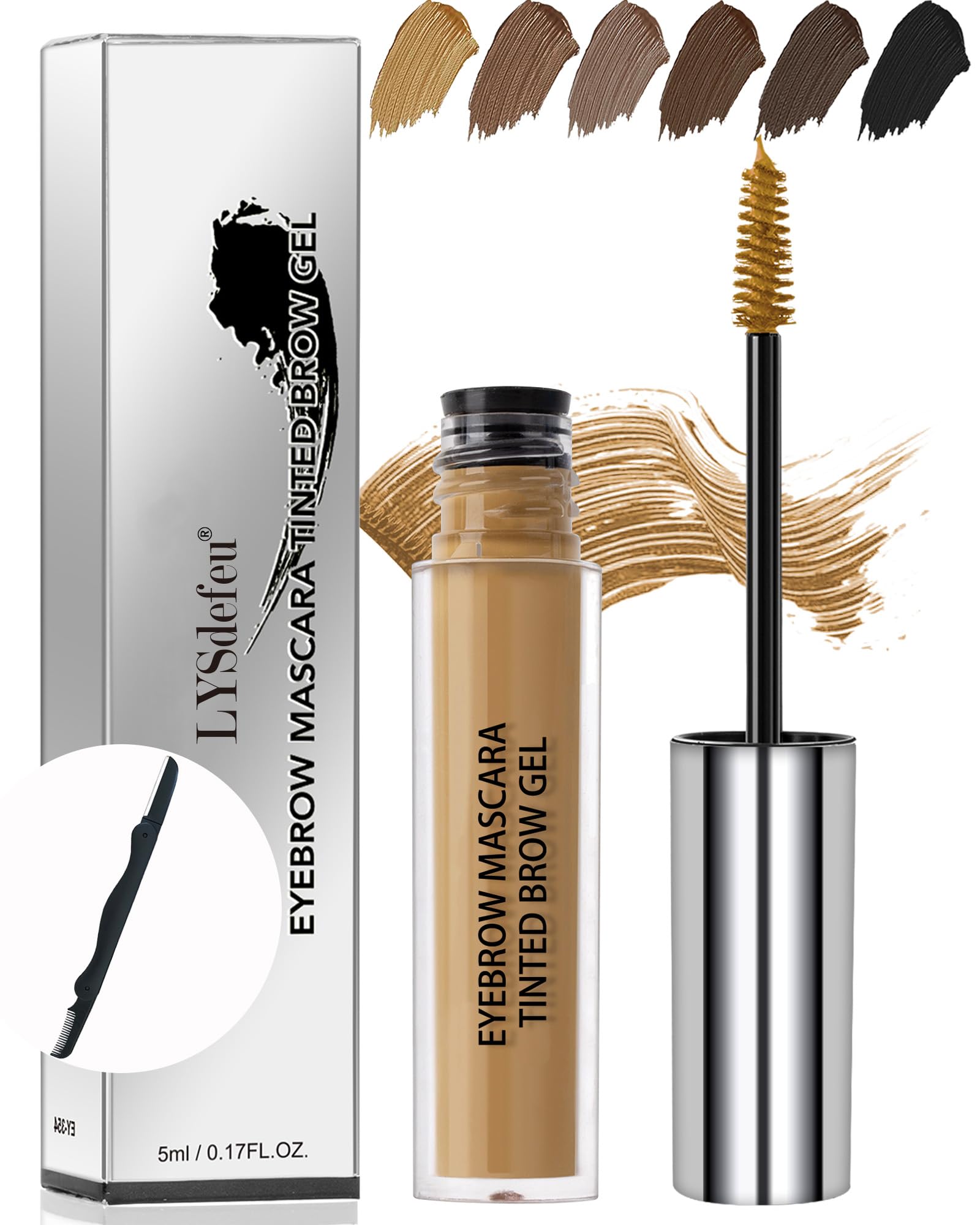 LYSdefeu waterproof tinted brow gel bottle with lasting color and easy hold.