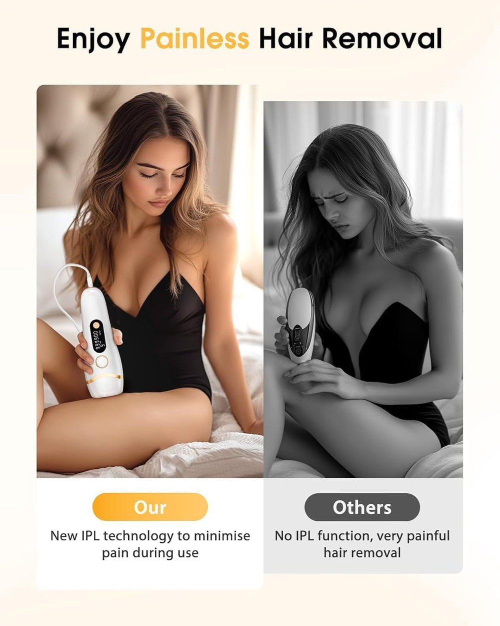 LYSMOSKI IPL device bikini-area mode targets light hairs near sensitive skin.