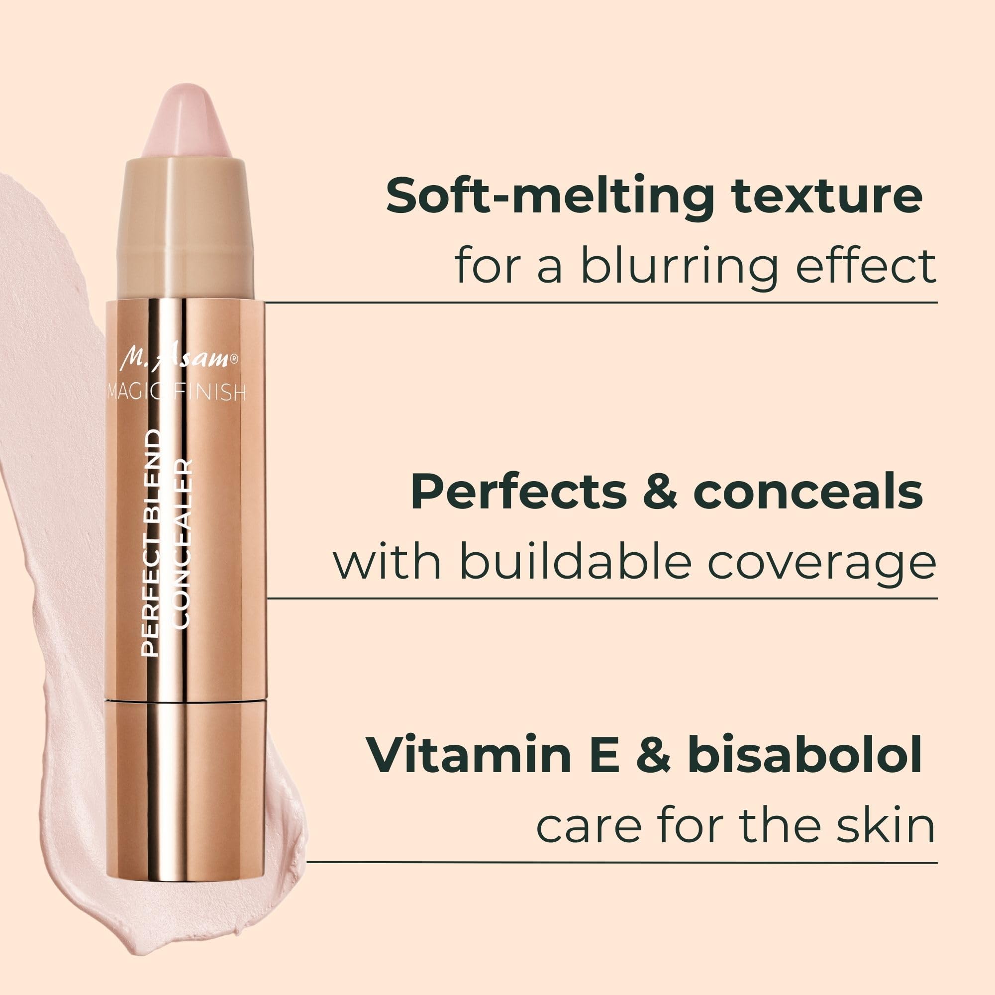 Concealer stick swatch reveals creamy, blendable texture for quick coverage.