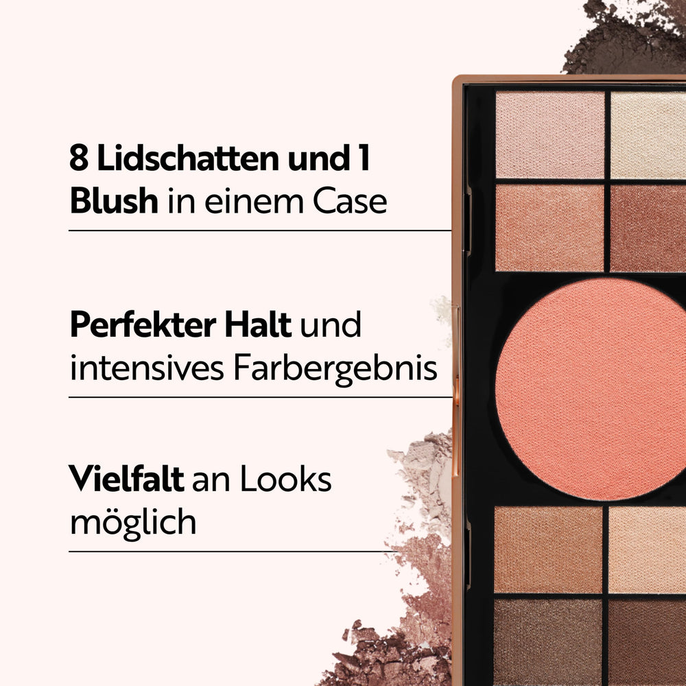 Open palette with eight harmonious shades for cohesive makeup looks