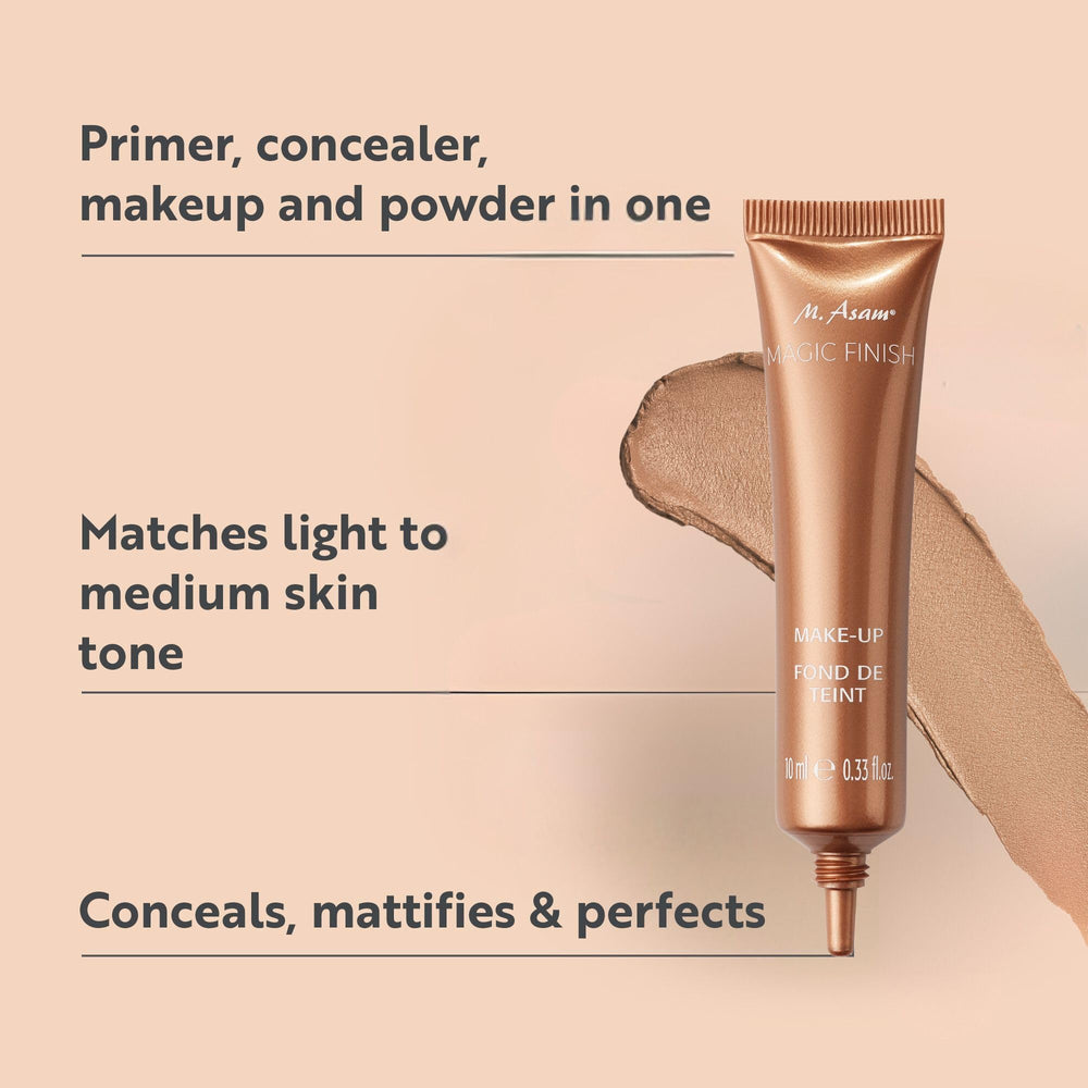 M. Asam Magic Finish Mousse swatch demonstrates buildable coverage from light to fuller with adaptable tone.
