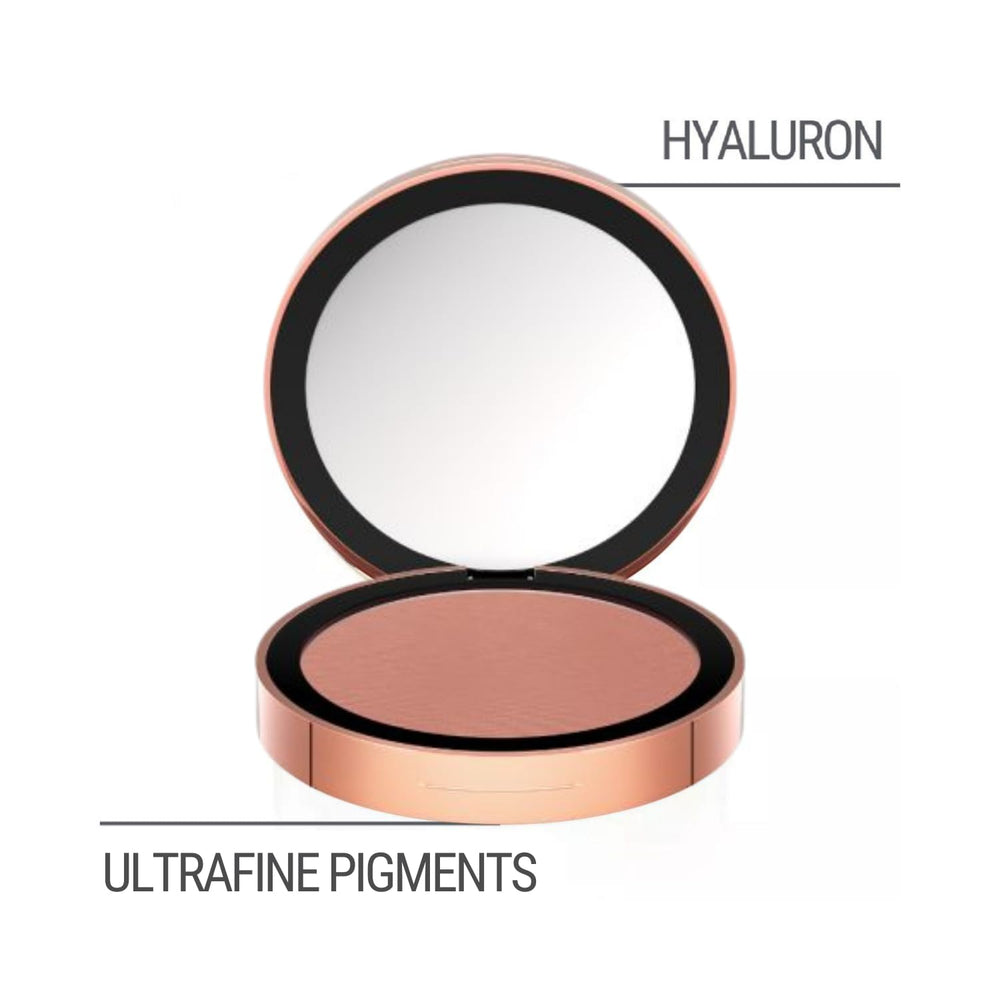 M. Asam Magic Finish Satin Blush Desert Bloom on-cheek swatch showing soft pigment blend.