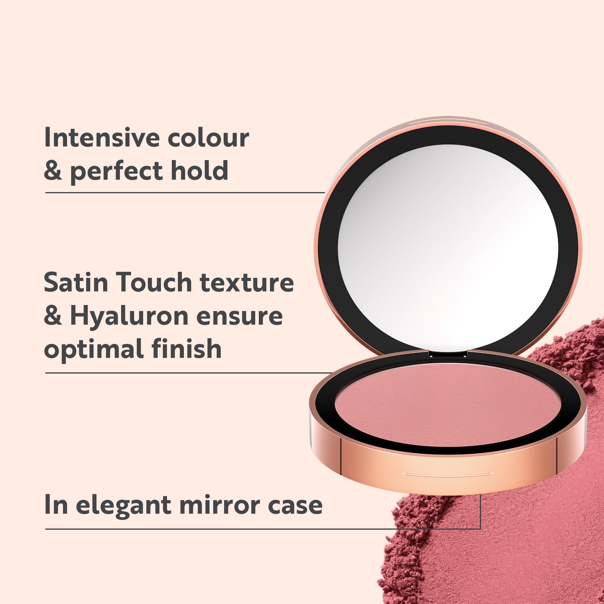 M. Asam Peachy Rose blush applied with brush for a soft, radiant glow on the cheeks.
