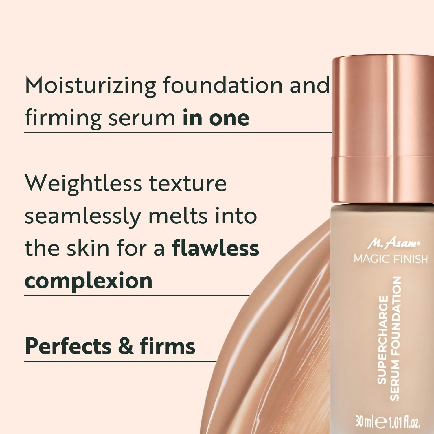 M. Asam Magic Finish serum foundation pump close-up shows smooth, easy application.