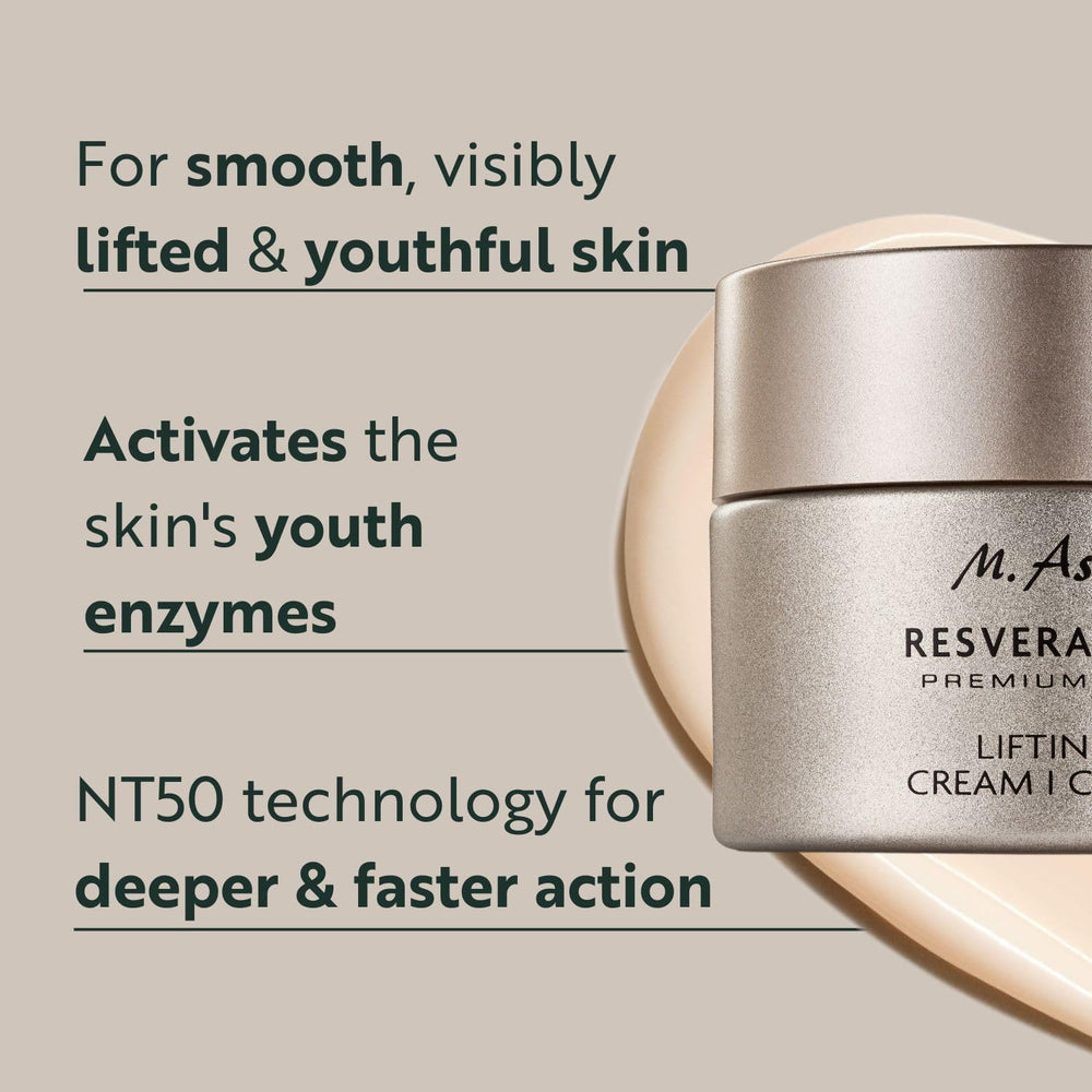 M. Asam Resveratrol Premium Lifting Cream applied on cheek for smooth, hydrated skin