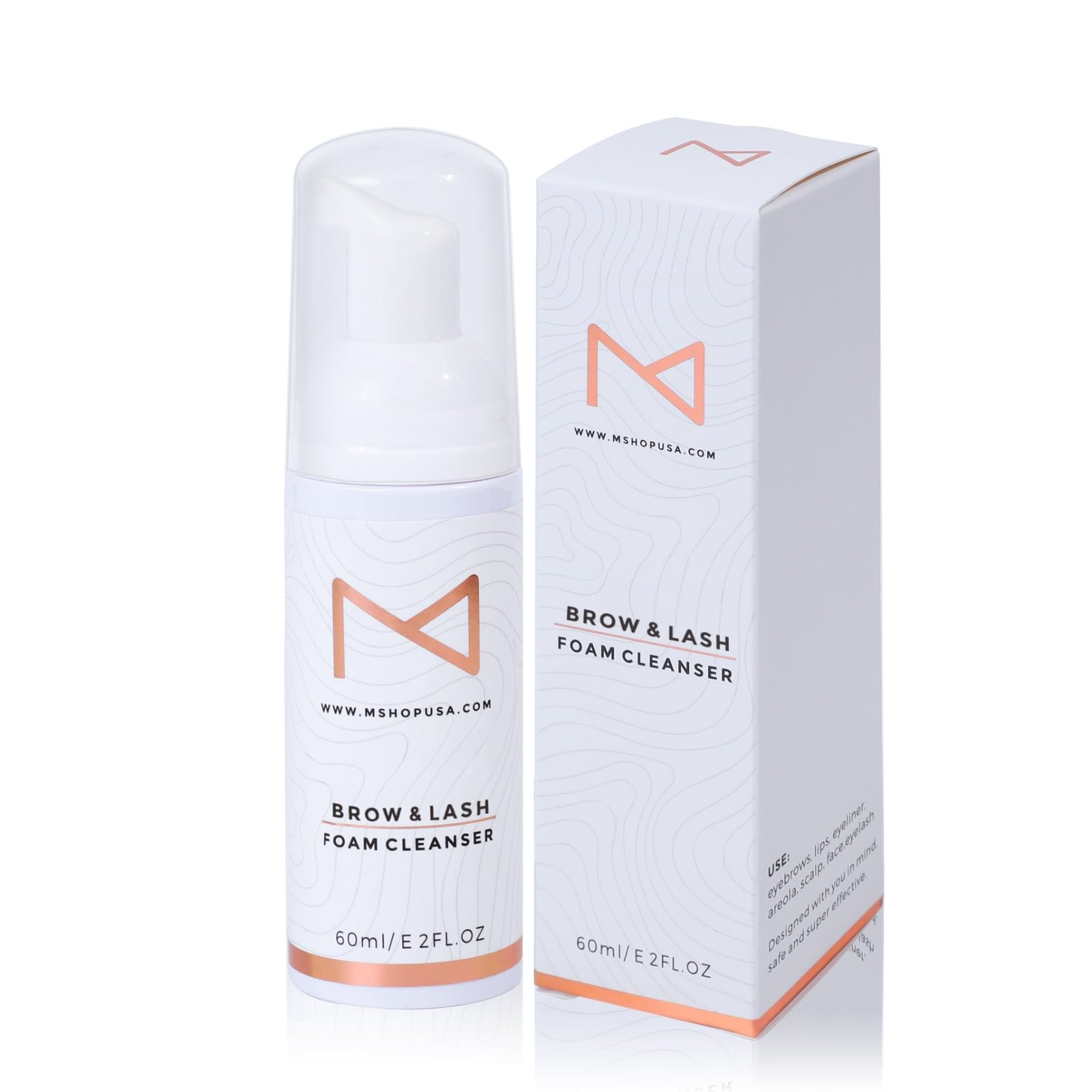 M foam cleanser bottle closeup for gentle lash and brow cleansing