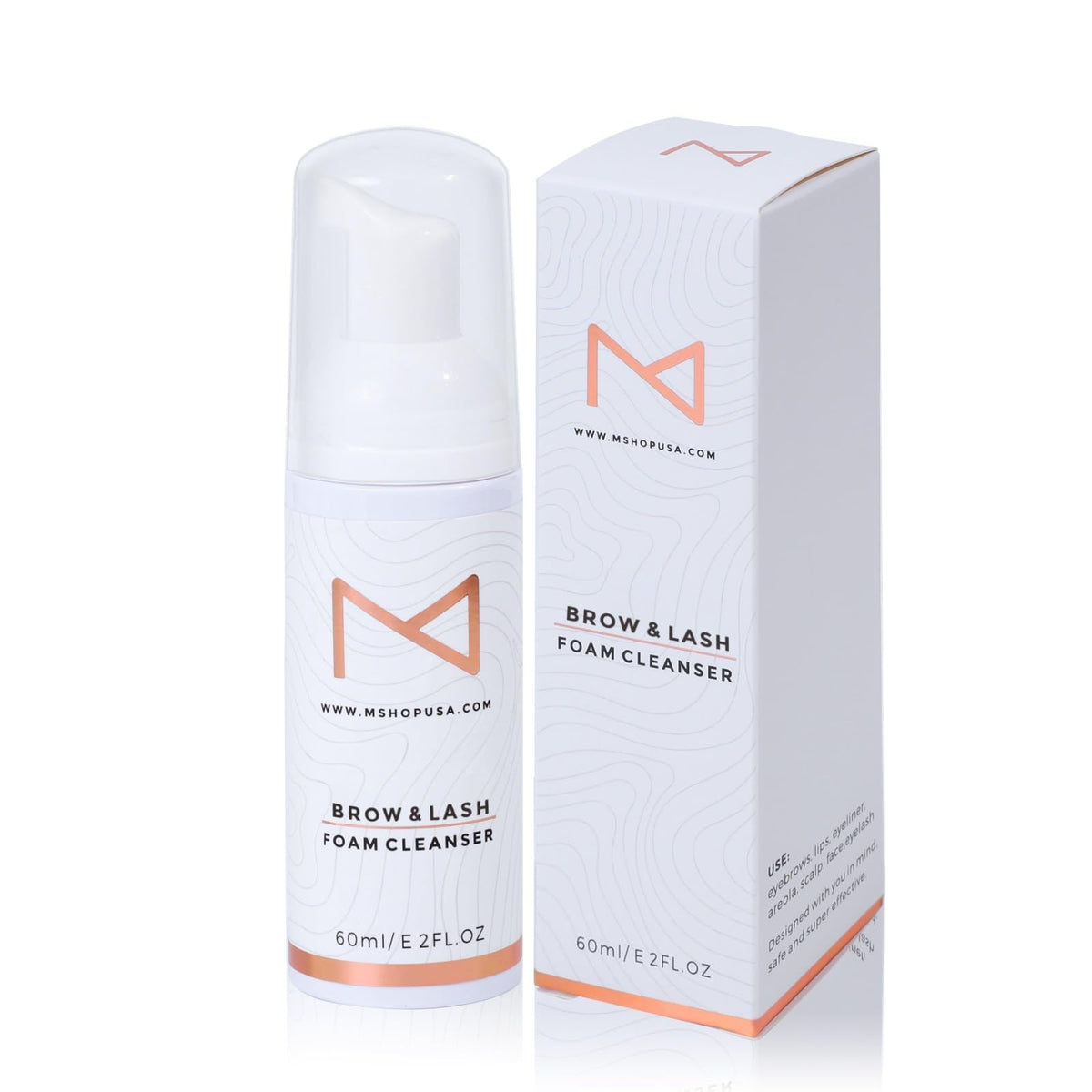 M foam cleanser bottle closeup for gentle lash and brow cleansing