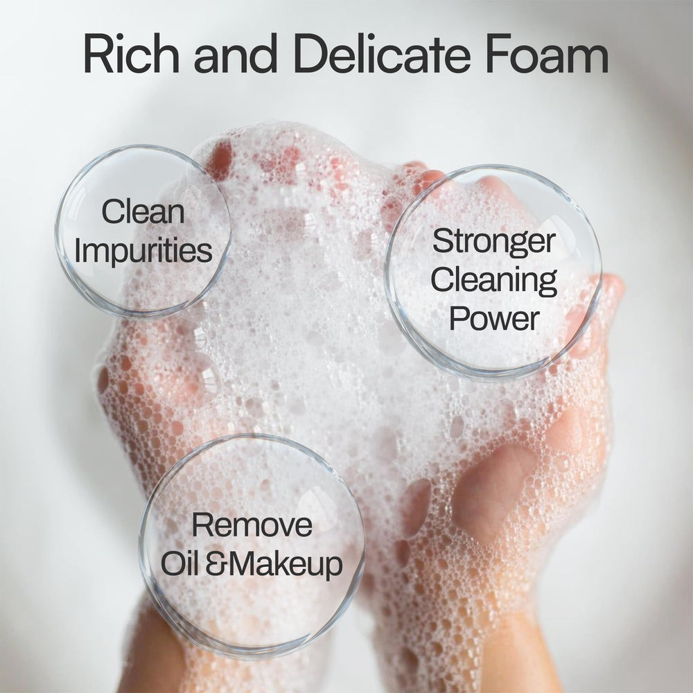M foam cleanser foamy lather demonstrates soft cleansing near eyes
