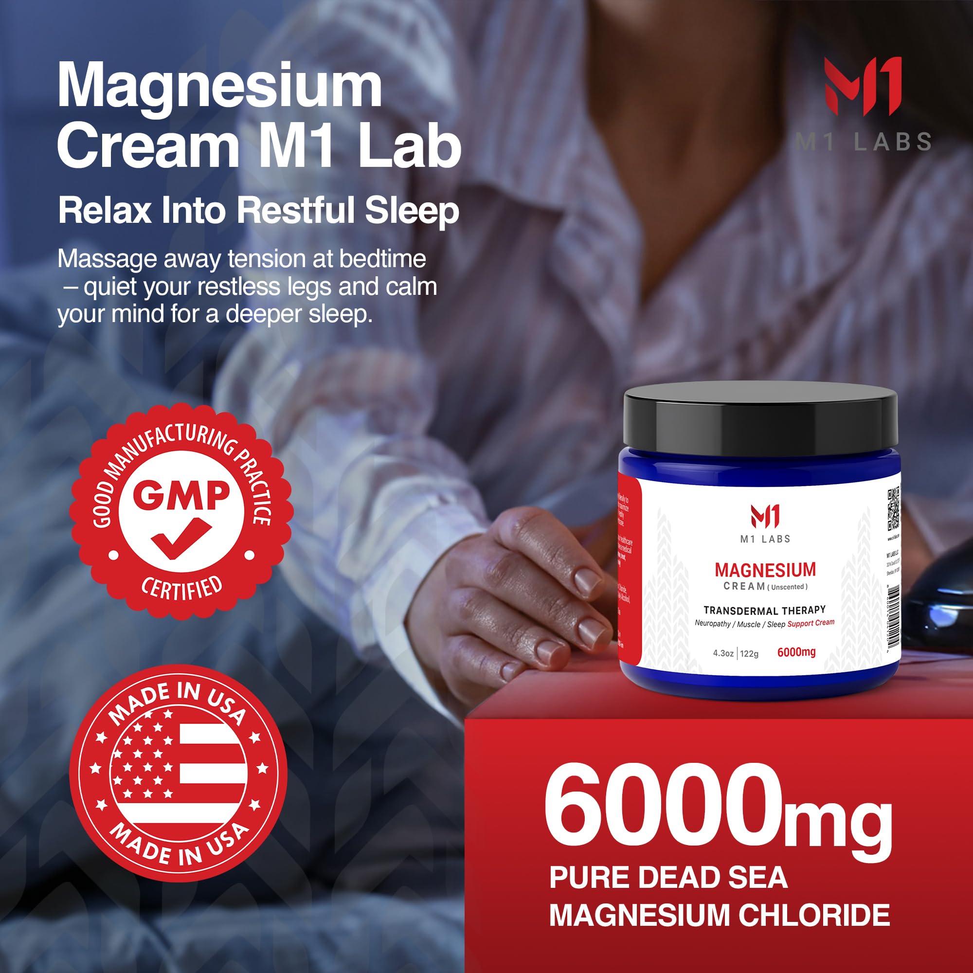 M1 Labs magnesium cream applied to feet for moisturized, soft skin.