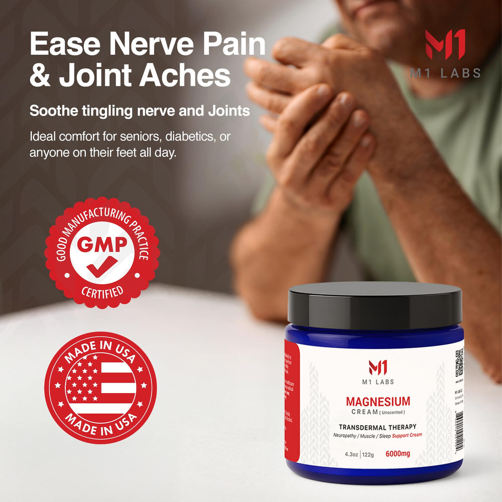 M1 Labs magnesium cream on leg muscles after activity for smooth mobility.