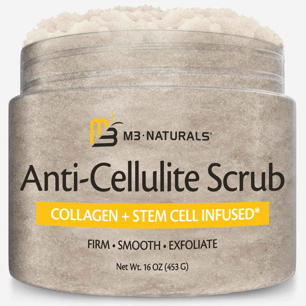 M3 Naturals anti-cellulite scrub jar for smoother, more even-looking skin