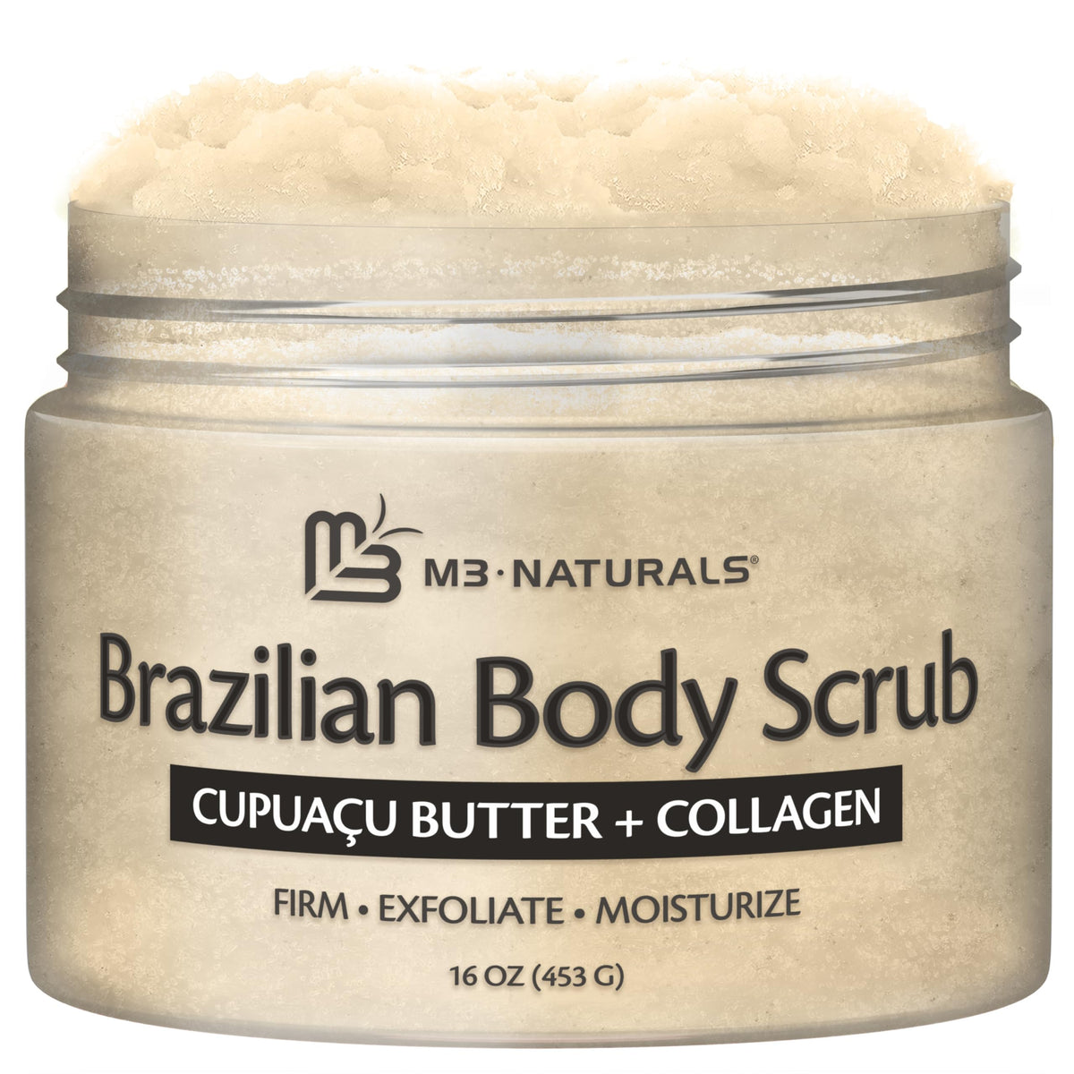 M3 Naturals Brazilian Body Scrub jar shows Cupuacu Butter for smooth skin.
