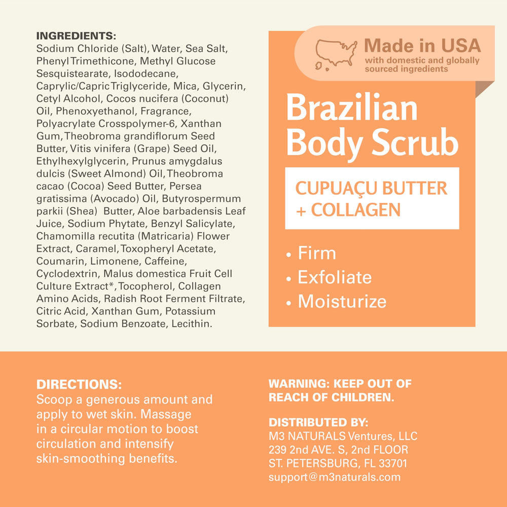 M3 Naturals Brazilian Body Scrub packaging on display.