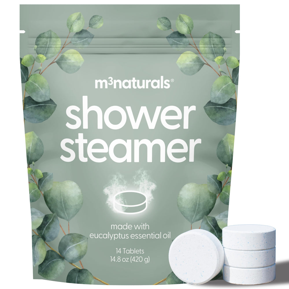 M3 Naturals eucalyptus shower steamers pack shot for long lasting aromatherapy