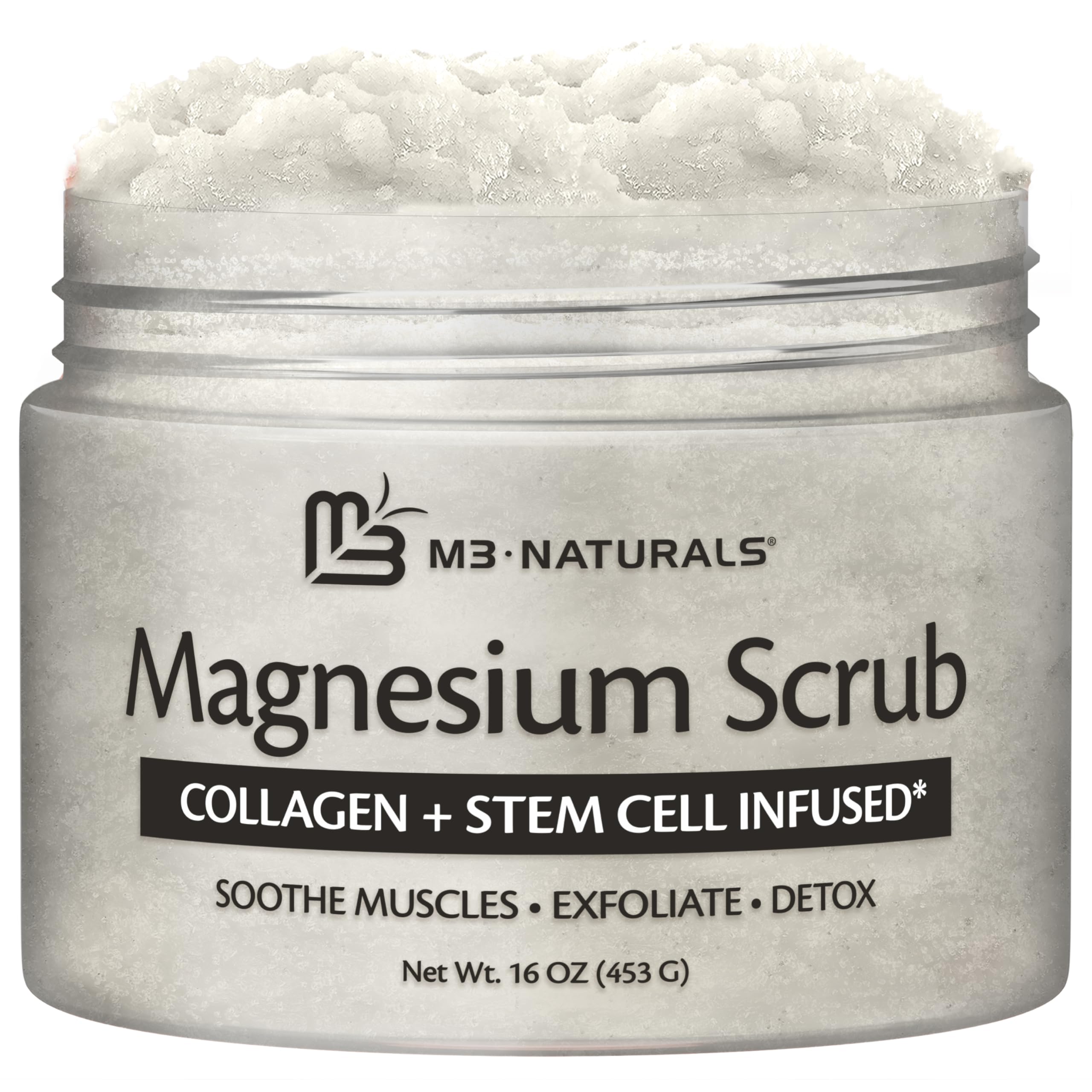 M3 Naturals magnesium scrub bottle promoting exfoliation and relaxation.