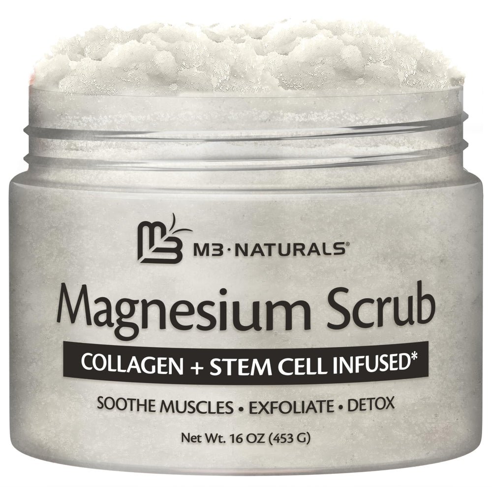 M3 Naturals magnesium scrub bottle promoting exfoliation and relaxation.