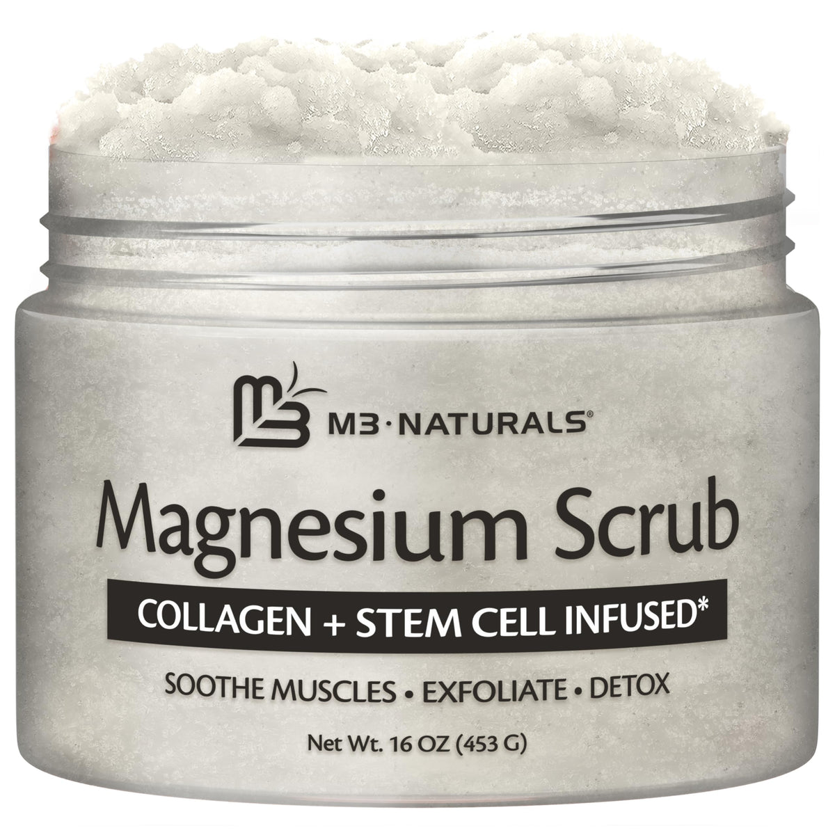 M3 Naturals magnesium scrub bottle promoting exfoliation and relaxation.