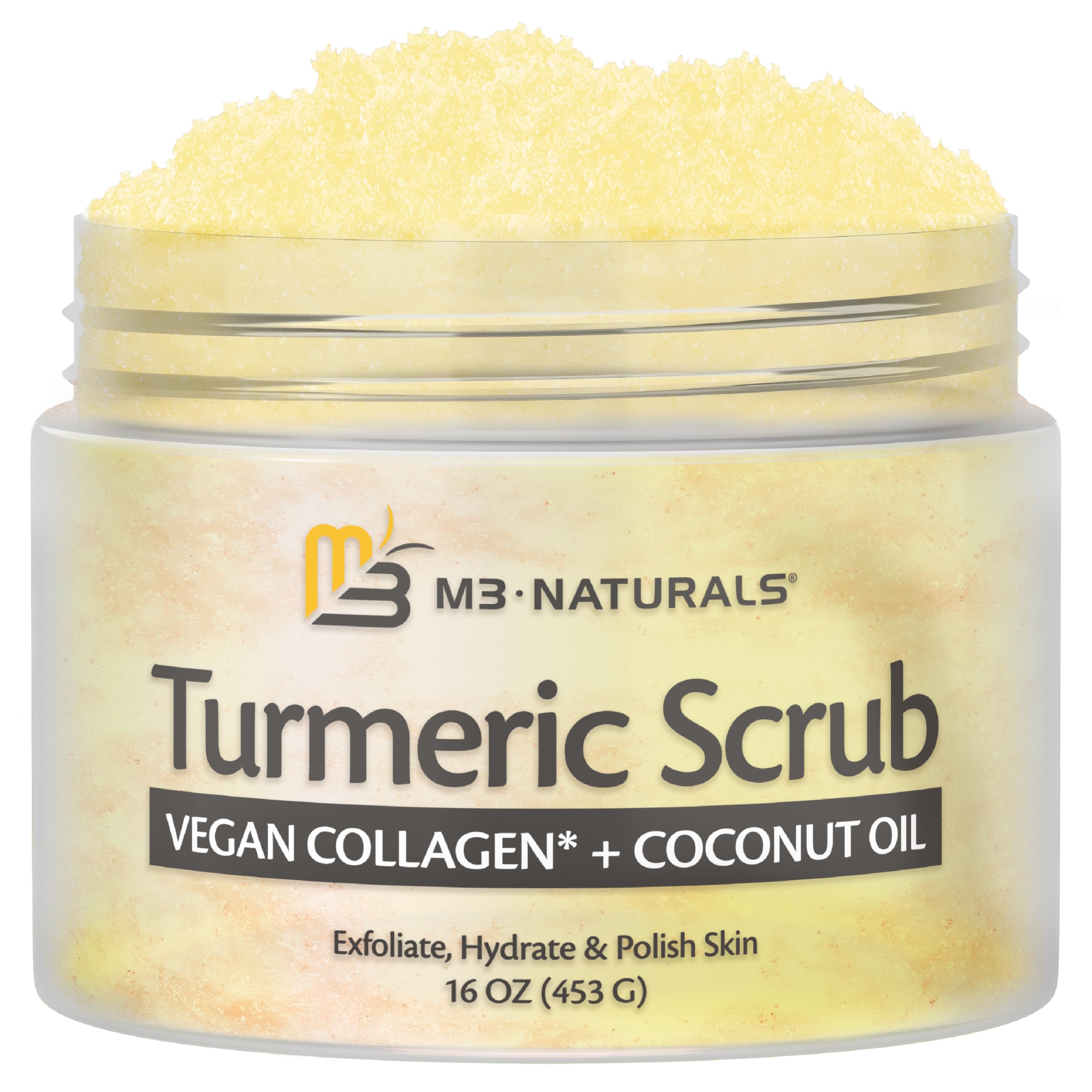 M3 Naturals turmeric scrub jar close-up highlighting gritty texture