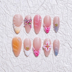 MABKJLF luxury press-on nails almond shape close-up with floral art for refined at-home manicures.