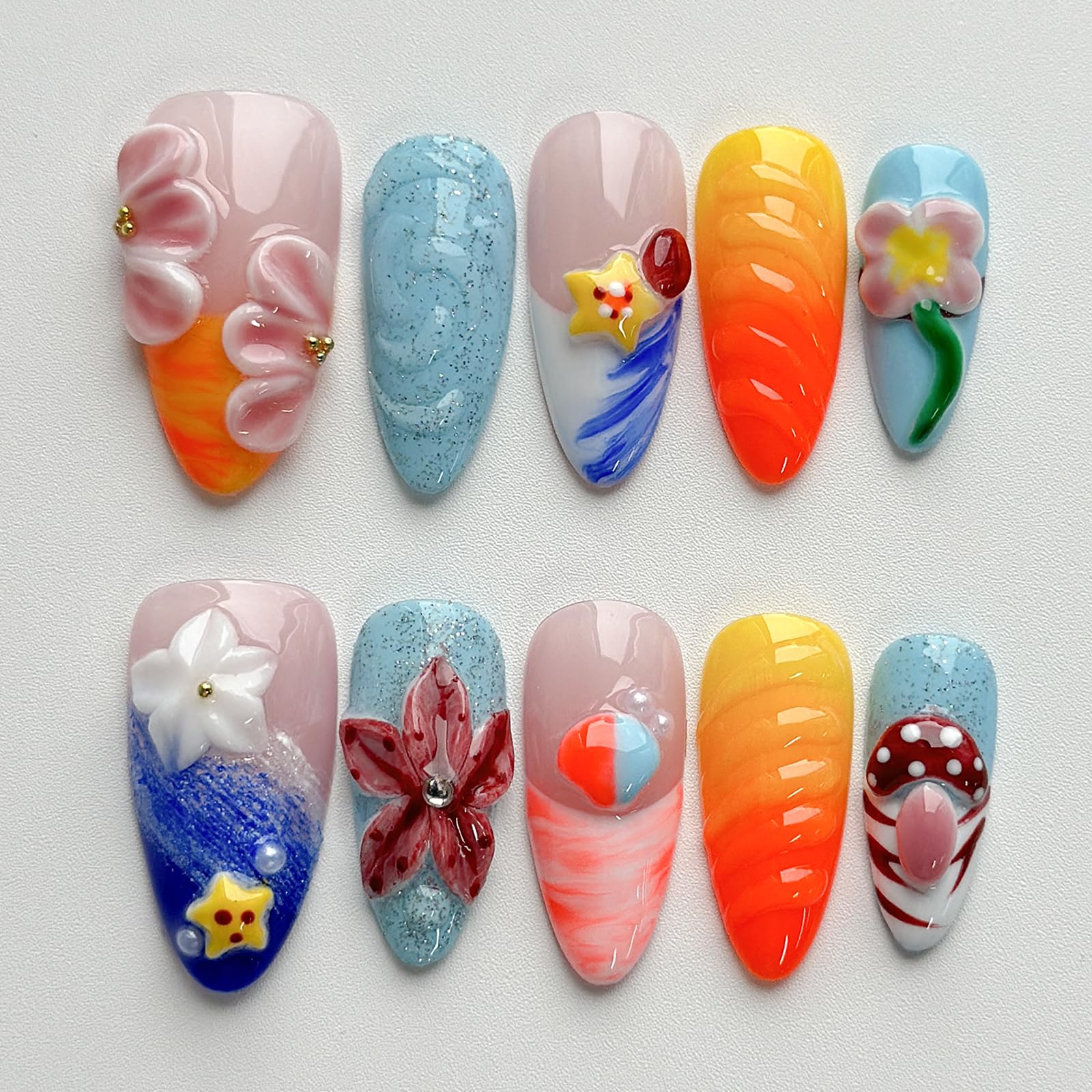 MABKJLF luxury press-on nails with medium almond shape featuring mushroom floral designs for stylish at-home manicure.