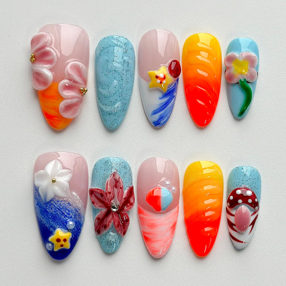 MABKJLF luxury press-on nails with medium almond shape featuring mushroom floral designs for stylish at-home manicure.