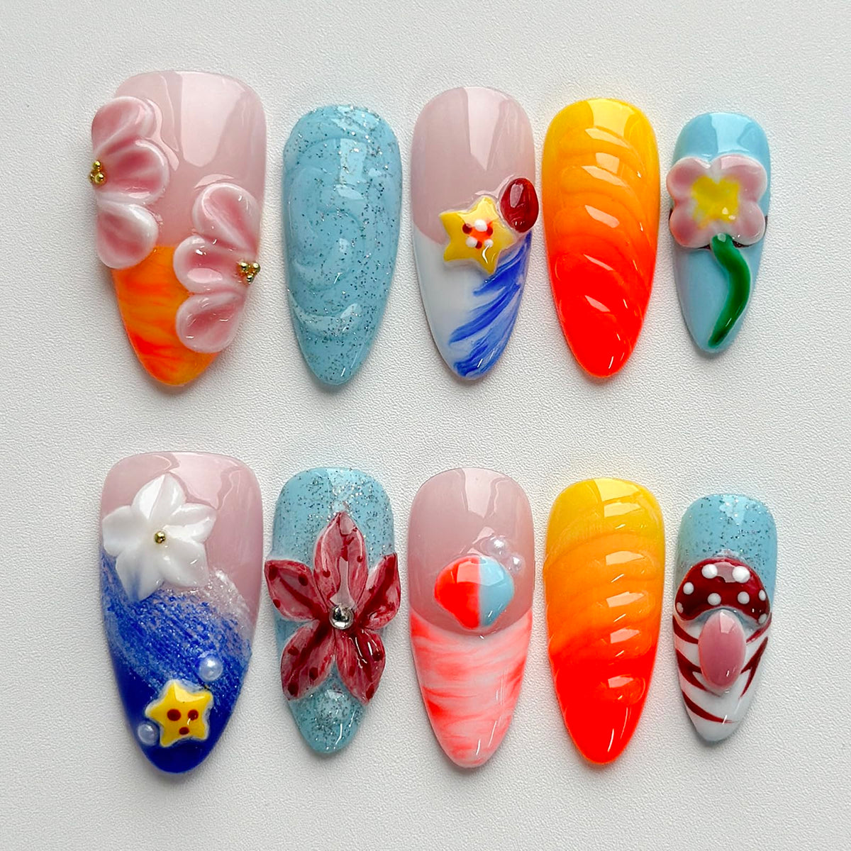 MABKJLF luxury press-on nails with medium almond shape featuring mushroom floral designs for stylish at-home manicure.