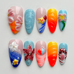 MABKJLF luxury press-on nails with medium almond shape featuring mushroom floral designs for stylish at-home manicure.