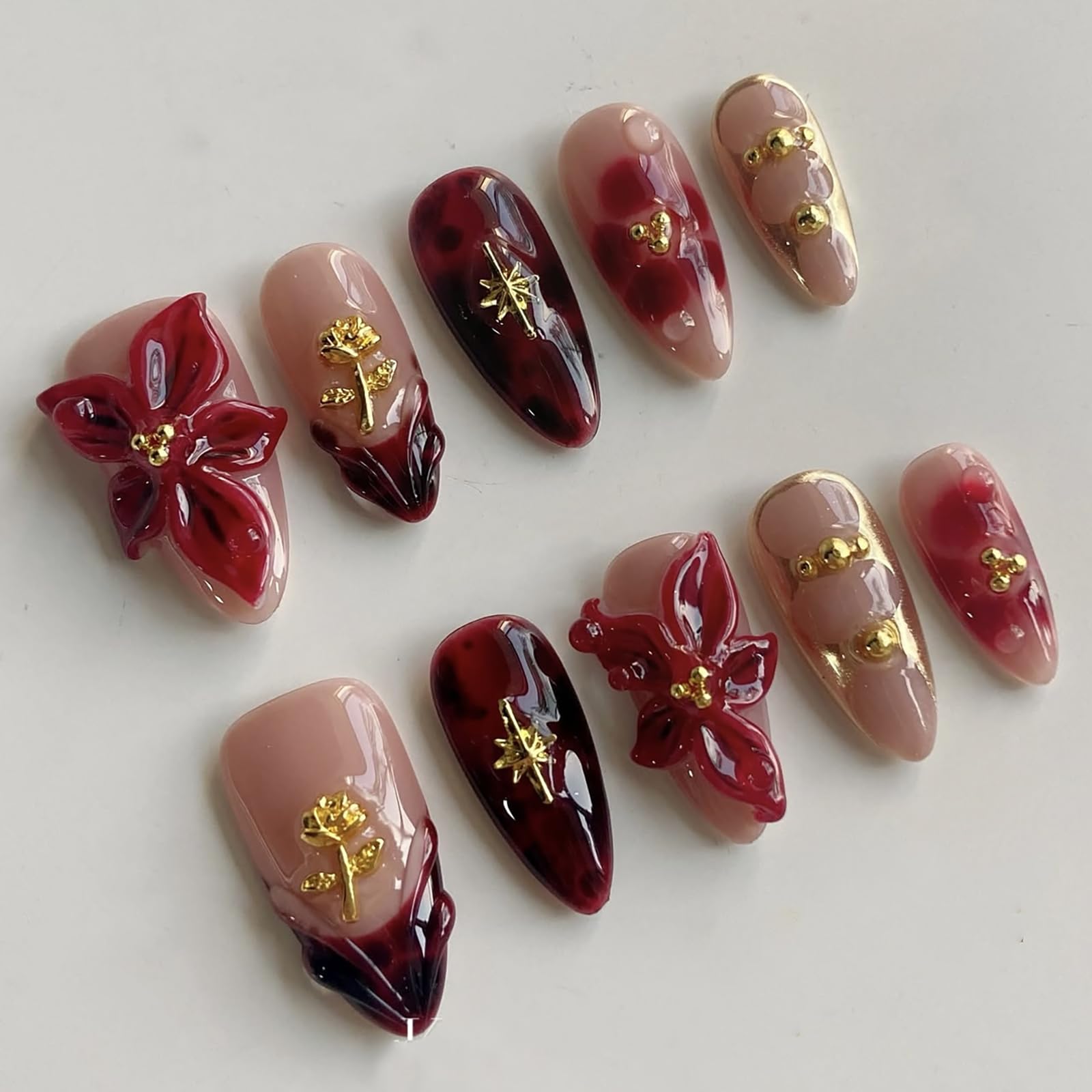 MABKJLF luxury press-on nails in medium almond shape with red floral design