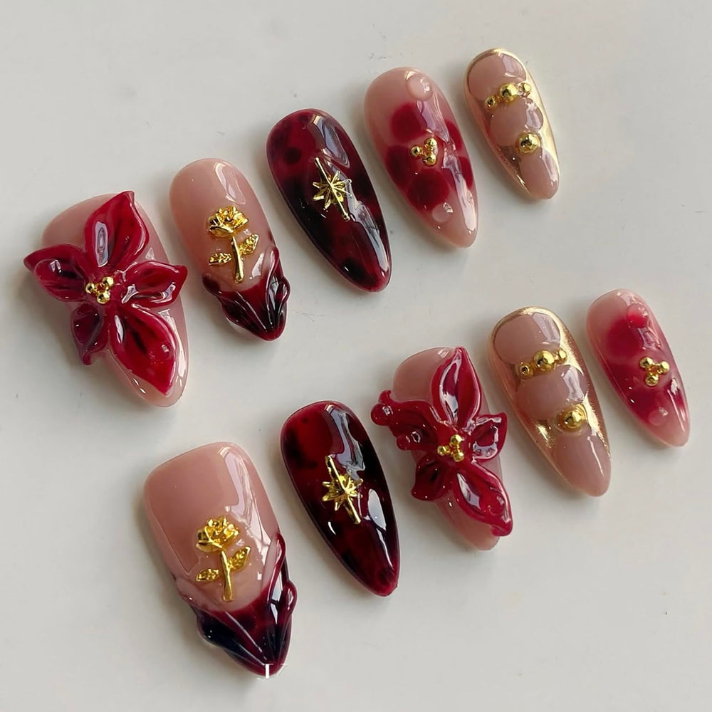 MABKJLF luxury press-on nails in medium almond shape with red floral design