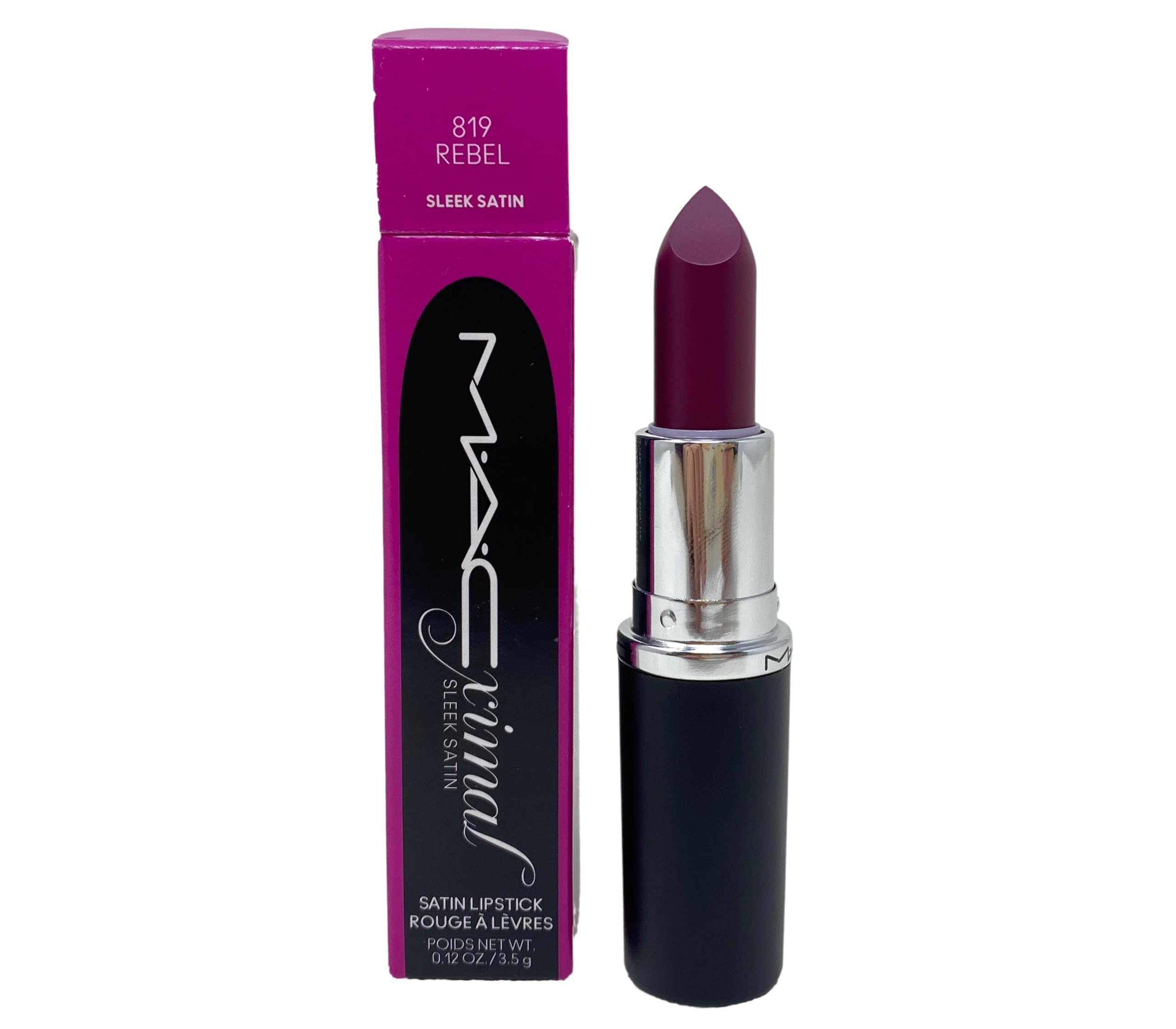 MAC M.A.Cximal Sleek Satin Lipstick Rebel bullet close-up shows rich pigment.