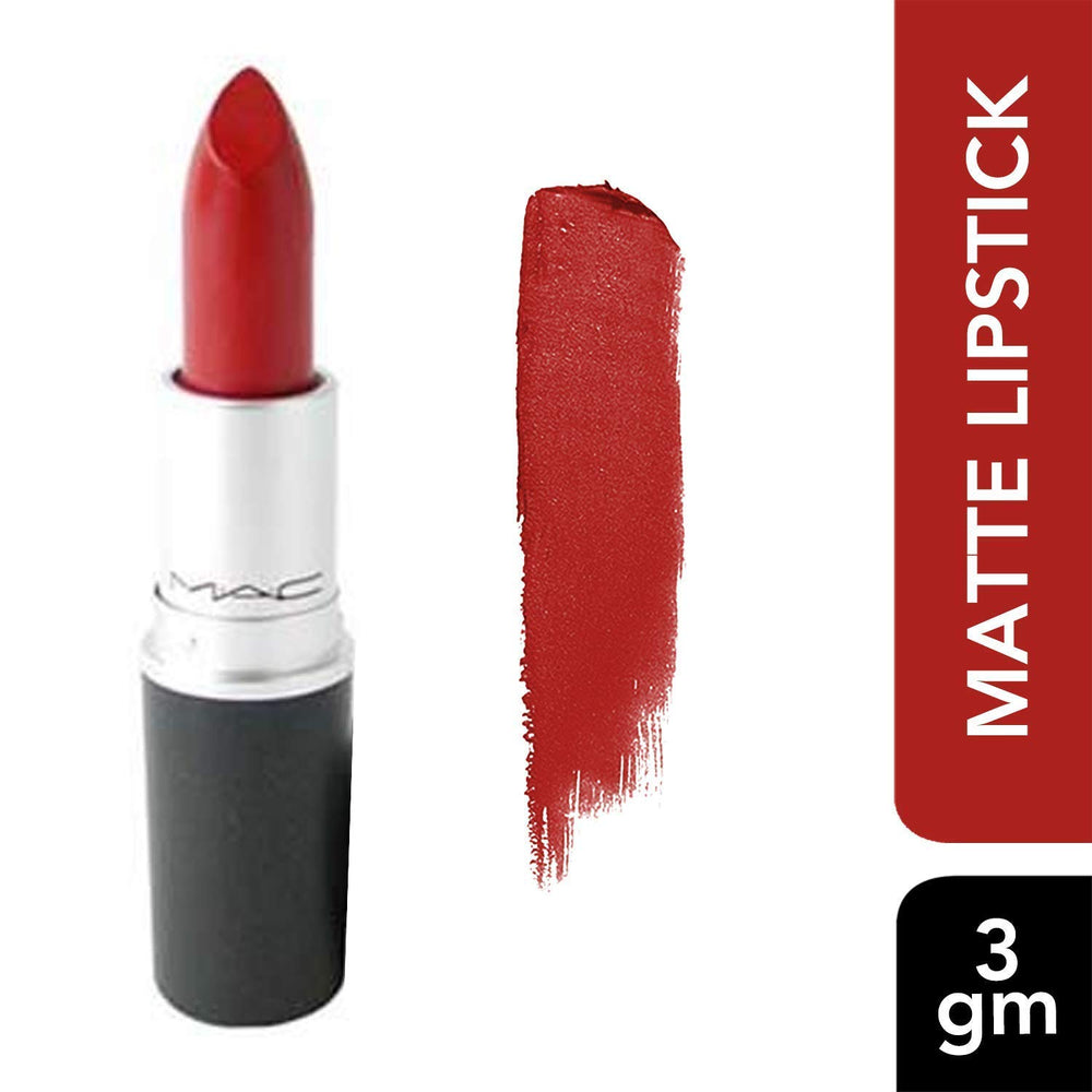 MAC Lipstick No. 138 Chili Matte application look highlights velvety finish.