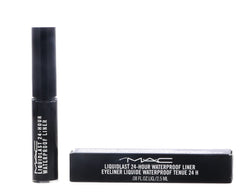 MAC Liquidlast Point Black close-up highlighting rich pigment and precision brush.