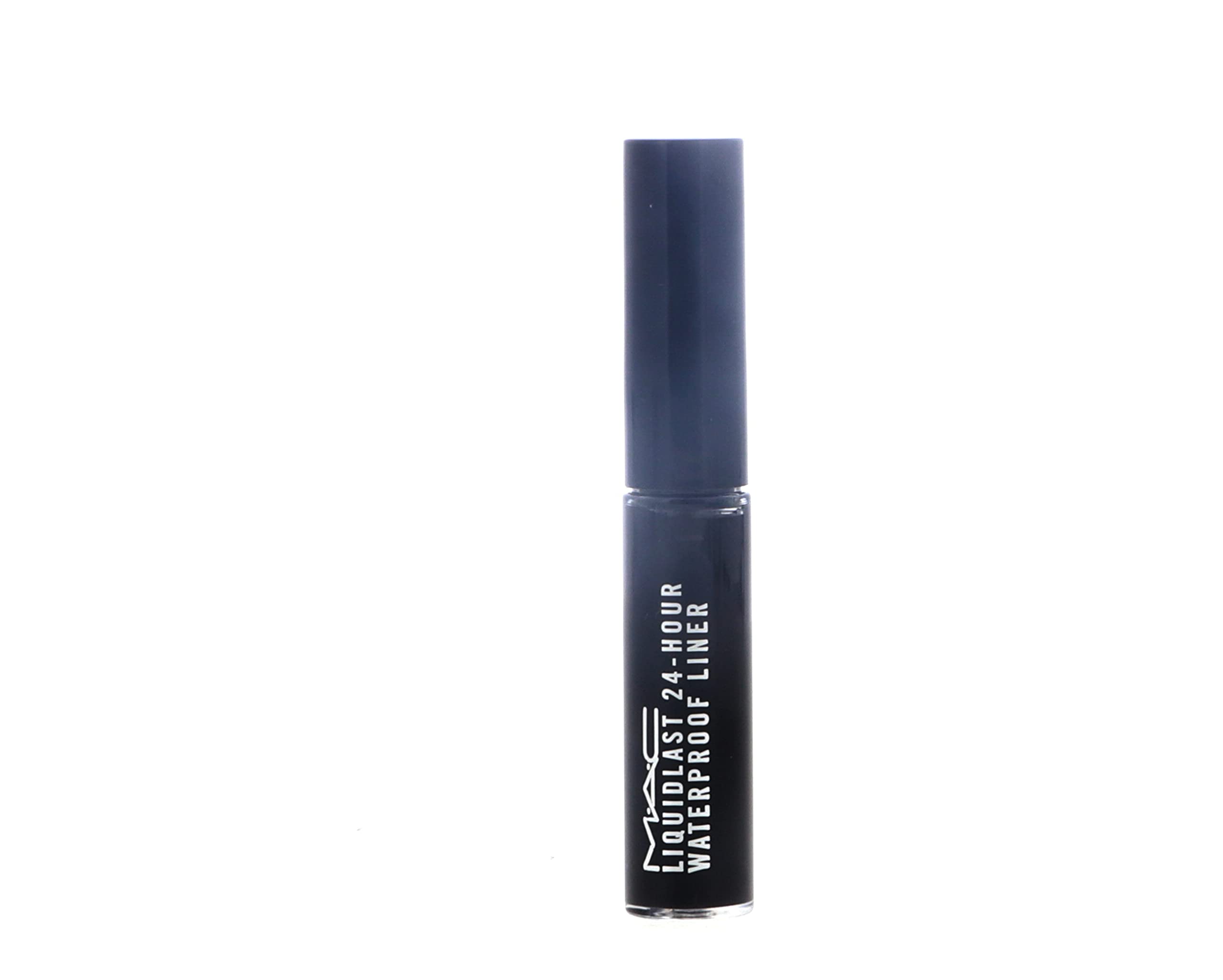 MAC Liquidlast Point Black swatch on skin shows bold black color.