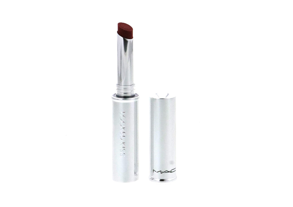 MAC Locked Kiss 24HR lipstick swatch in 95 Vicious demonstrates color accuracy and transfer resistance.