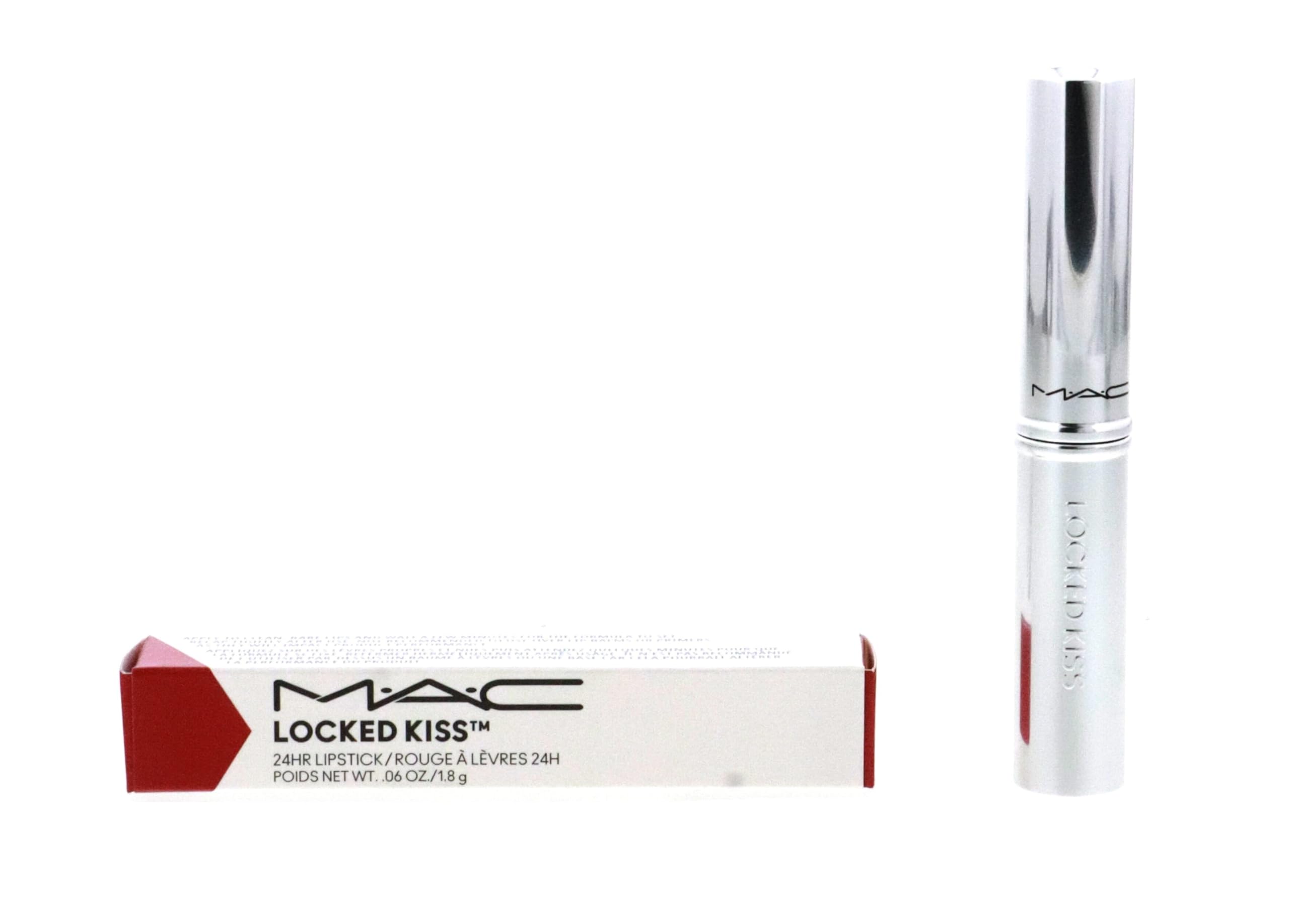 MAC Locked Kiss 24HR lipstick 95 Vicious tube shows bold matte color for long wear.