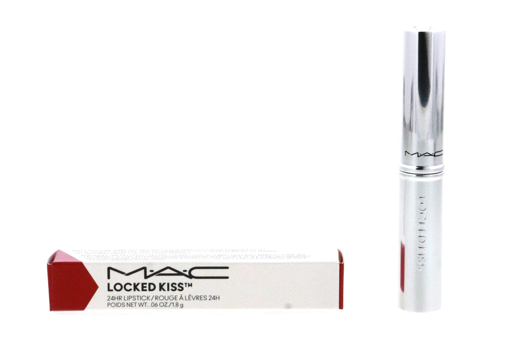 MAC Locked Kiss 24HR lipstick 95 Vicious tube shows bold matte color for long wear.