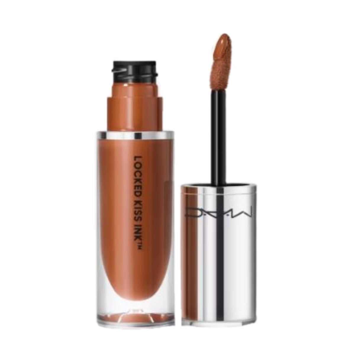 MAC Locked Kiss Ink 24HR Lipcolour close-up showing warm brown shade for precise application.