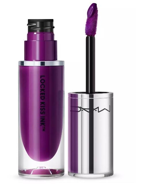 MAC Locked Kiss Ink Sardonic Purple lipstick offering 24-hour wear