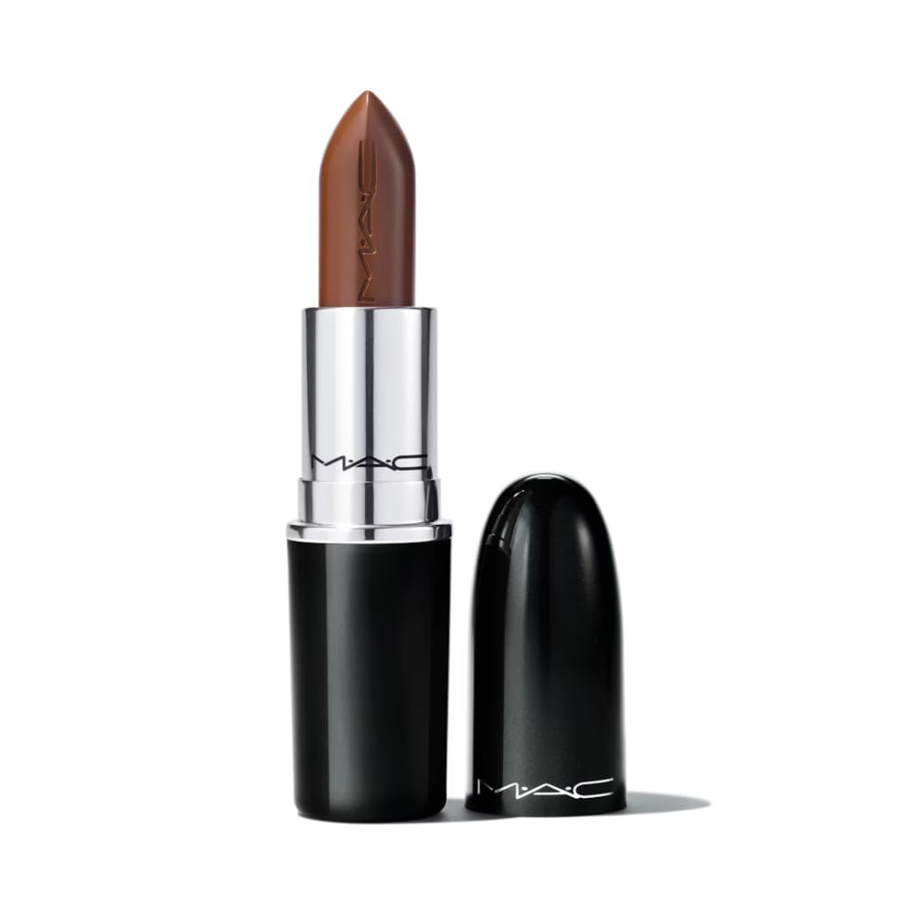 MAC Lustreglass Lipstick 553 I Deserve This bottle with glossy warm brown shade for everyday glam