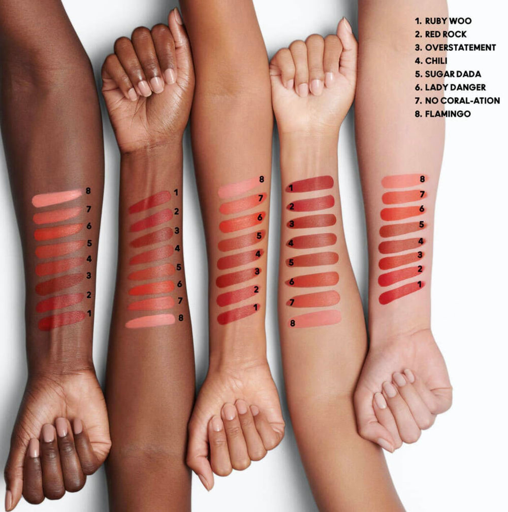 Lips wearing Overstatement appear fuller with non-bleeding, long-wear color.