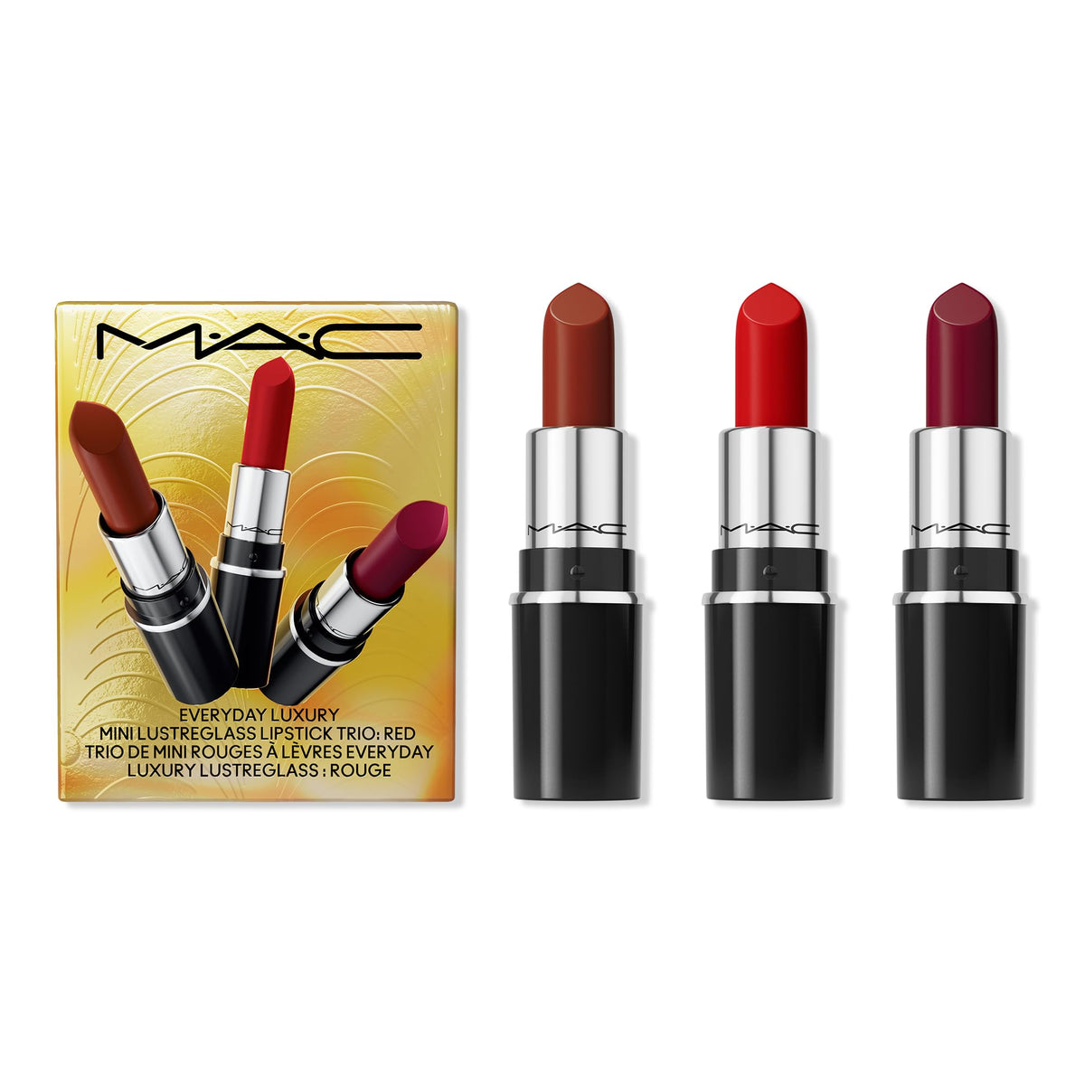 MAC Mini Lustreglass Cherish Me lipstick in red with travel-friendly shine.