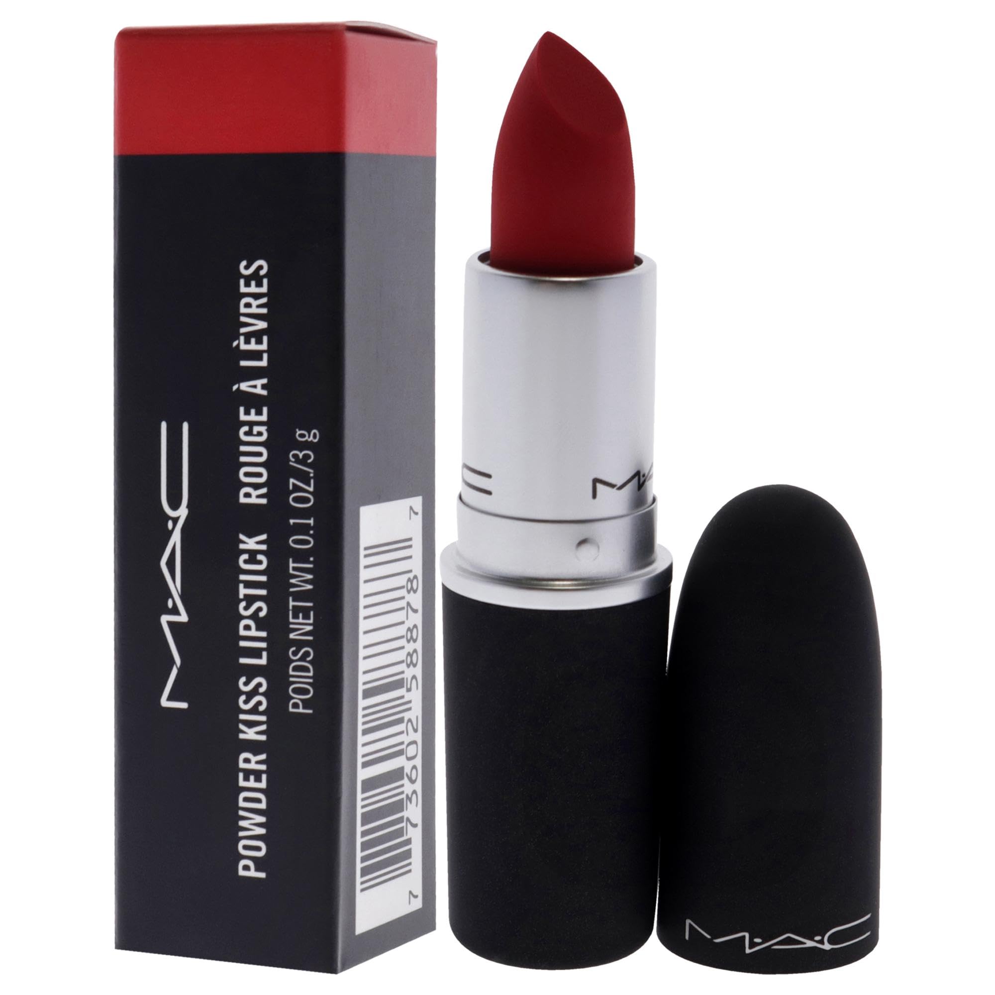 Lifestyle shot of MAC Powder Kiss Lipstick 929 Youre Buggin Lady shows everyday use and smooth finish.