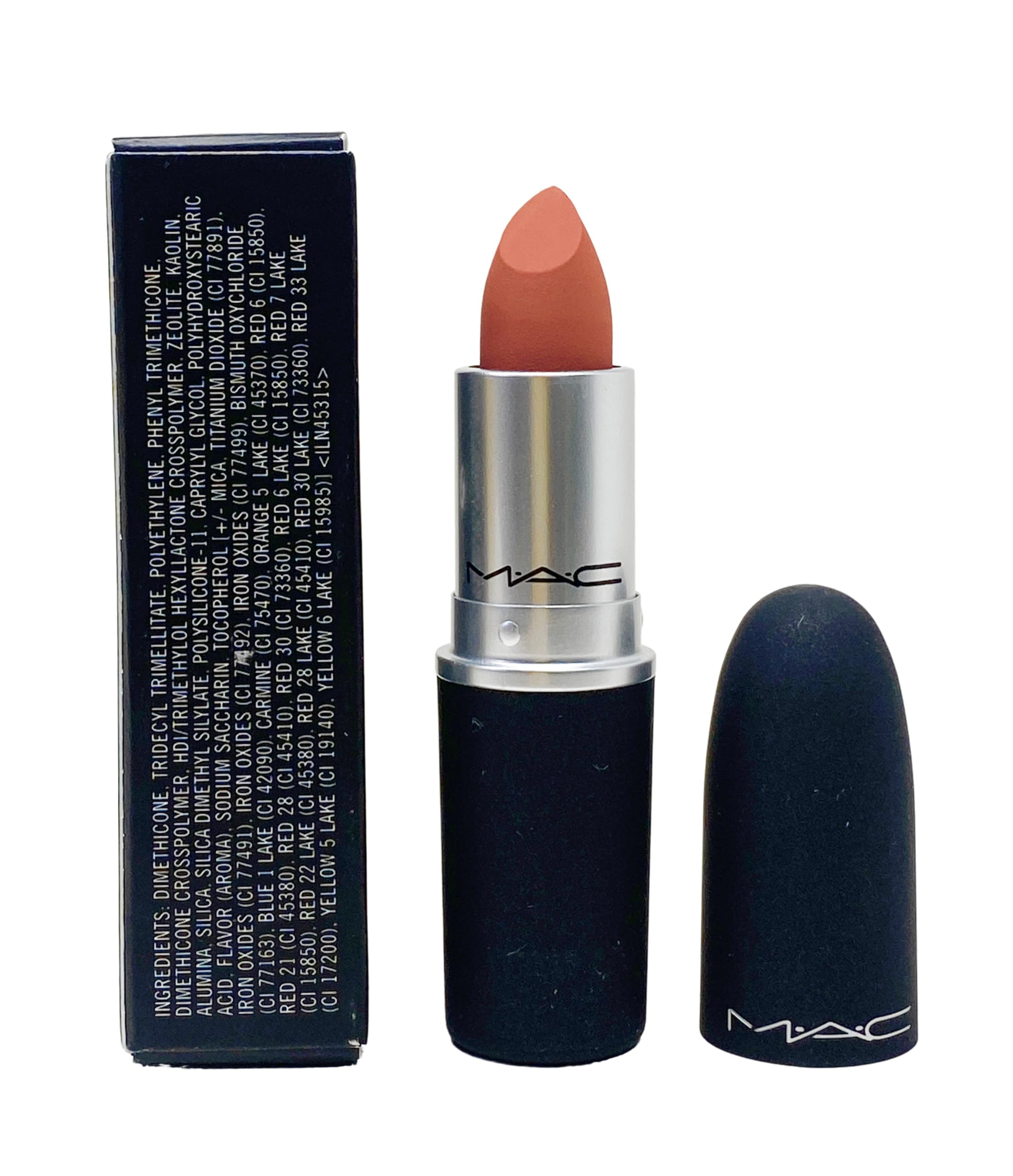 MAC Powder Kiss Lipstick dirty peach bullet application demonstrates lightweight moisture-matte finish